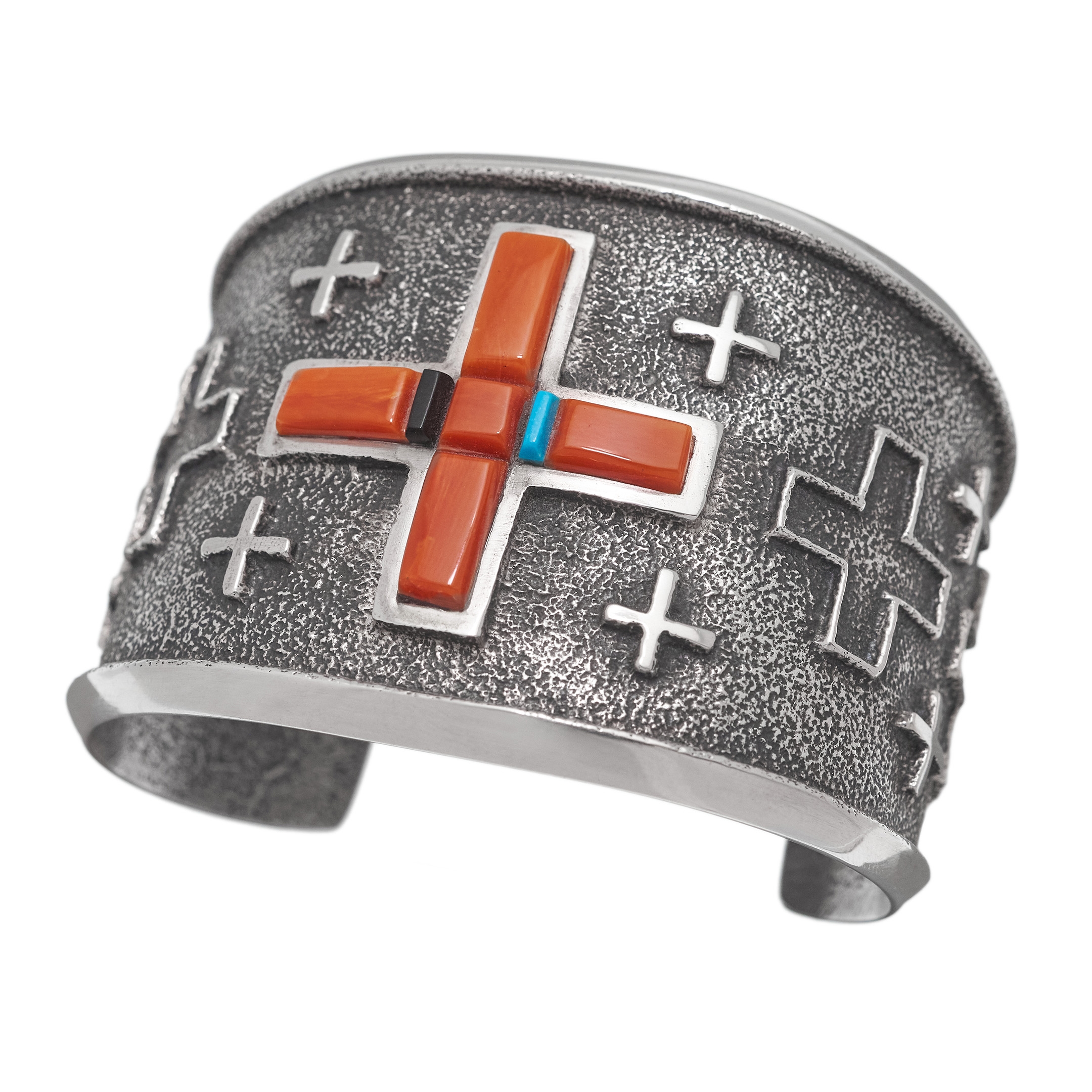 Bracelet manchette Navajo serti d'une croix en corail, MIS37 - Harpo Paris