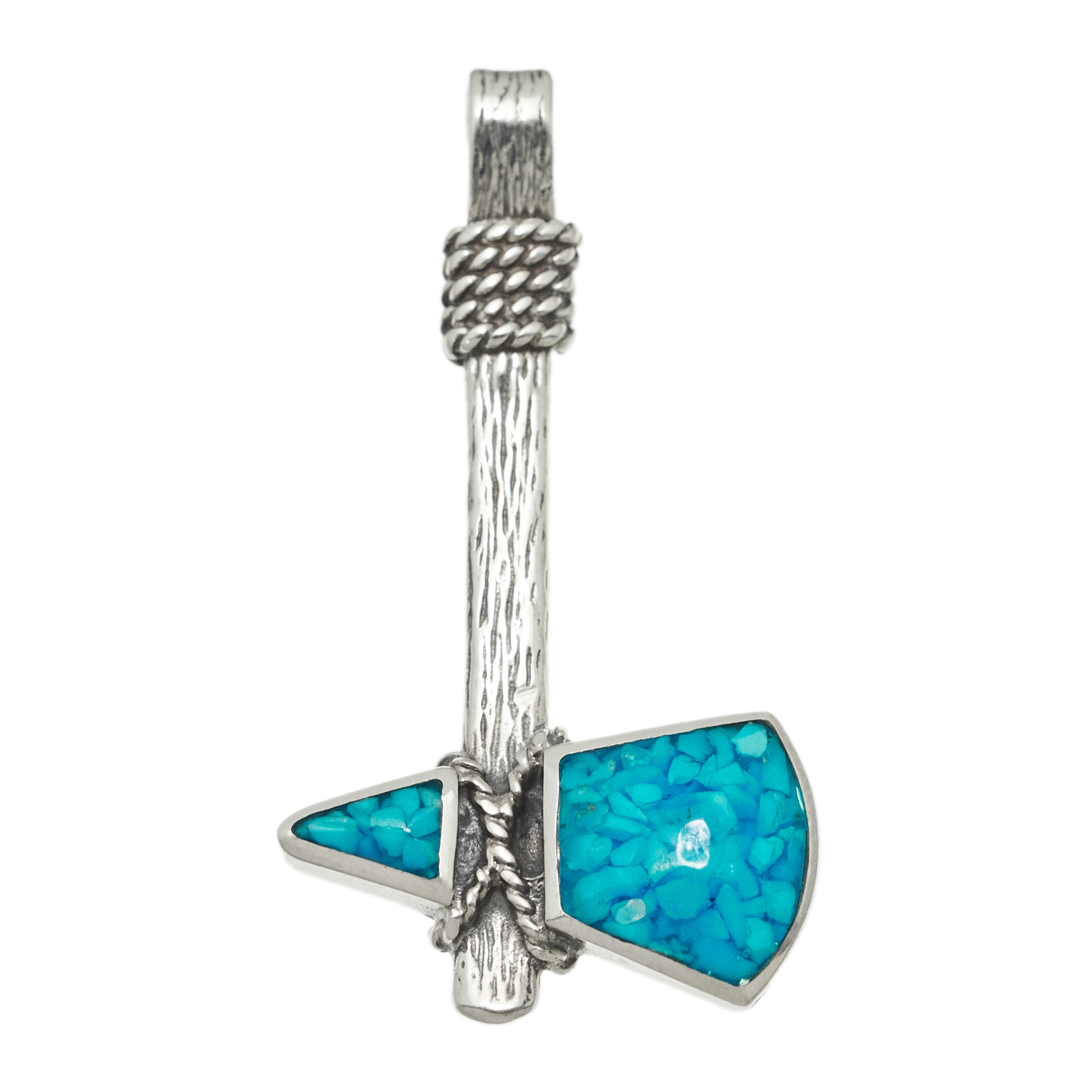 Native American pendant. Tomahawk in silver with stones in Chip
