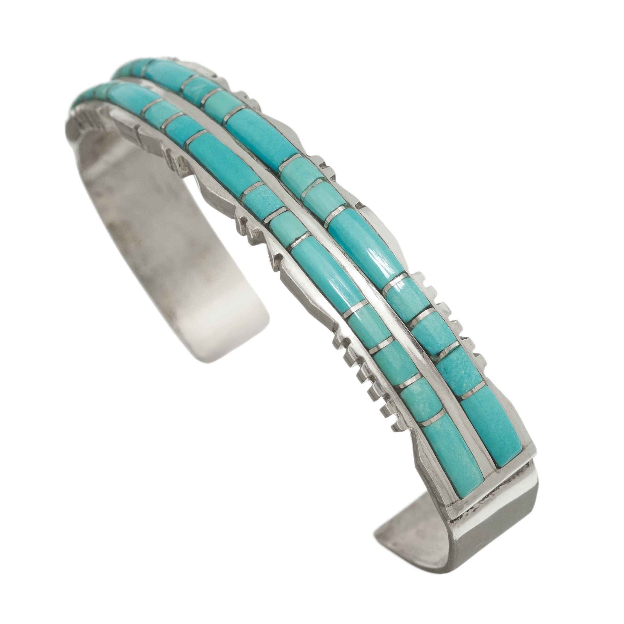 Bracelet Zuni pour femme, 2 rangs de turquoises sur argent BR607 - Harpo Paris