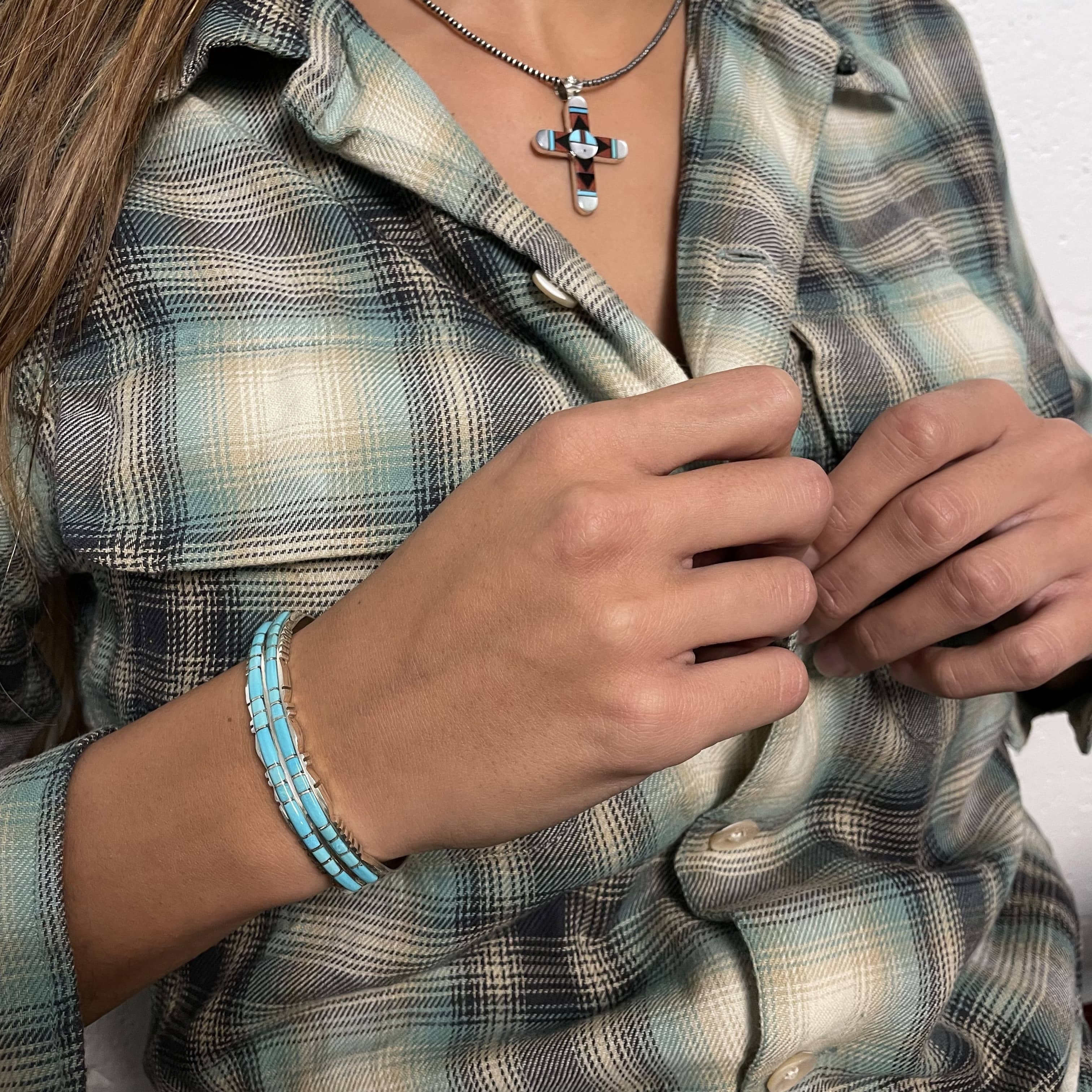Bracelet Zuni pour femme, 2 rangs de turquoises sur argent BR607 - Harpo Paris