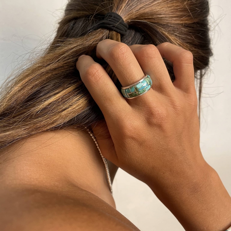 Navajo ring for women in turquoise inlaid on silver, BA835 - Harpo Paris