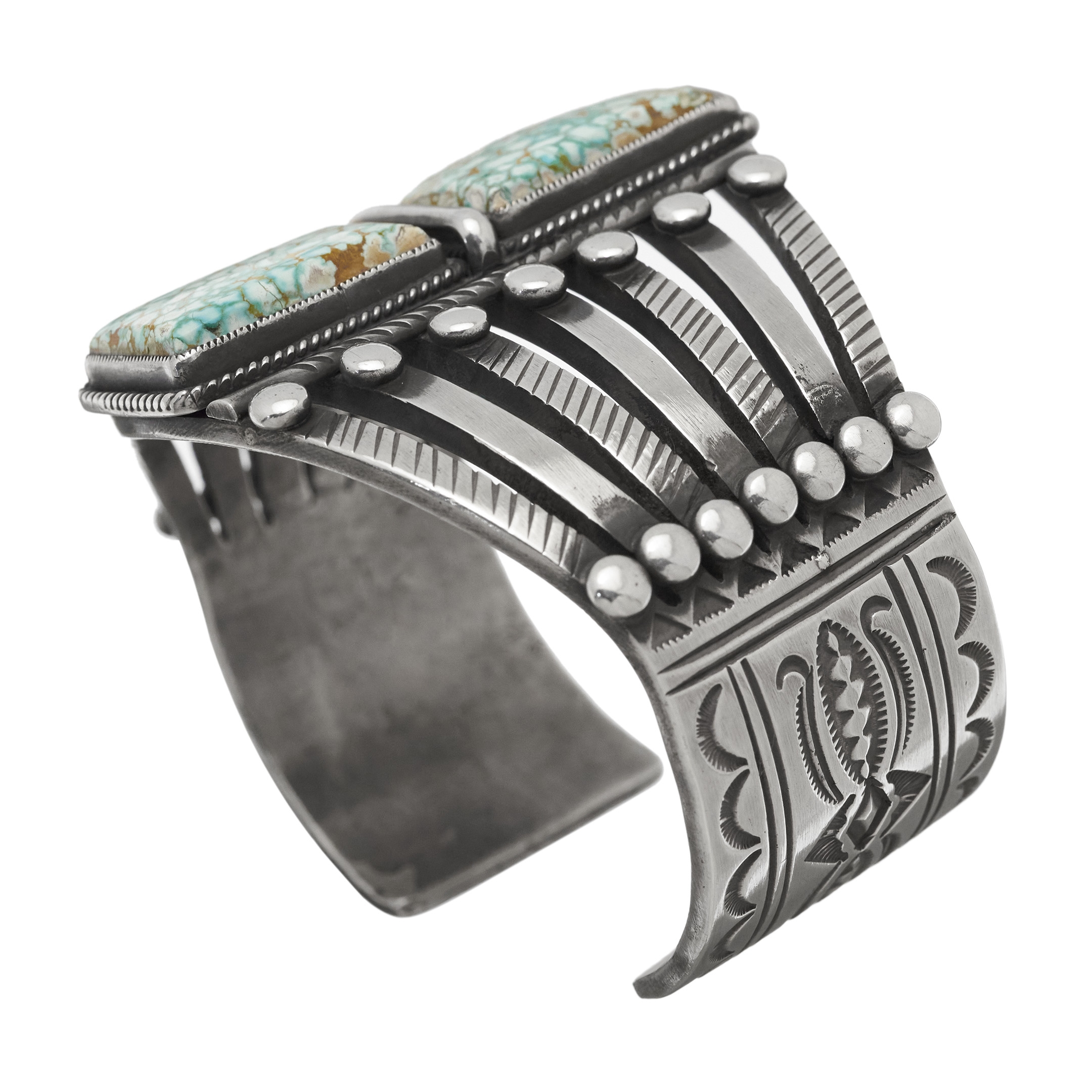 Bracelet Navajo en argent massif serti de turquoises Number 8, BR664 - Harpo Paris
