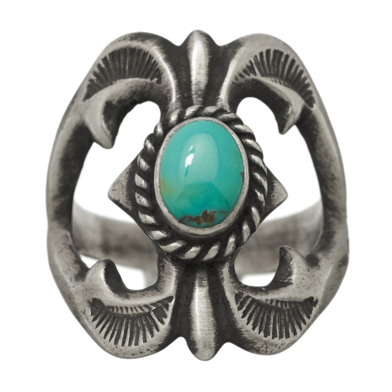 Open work Navajo ring BA987 in mat silver and turquoise - Harpo Paris