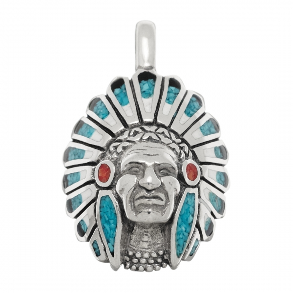 Harpo Paris pendant PE569 indian chief in chip inlay and silver