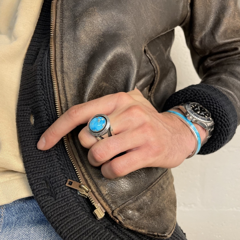 Thick Navajo ring BA966 in turquoise and silver - Harpo Paris