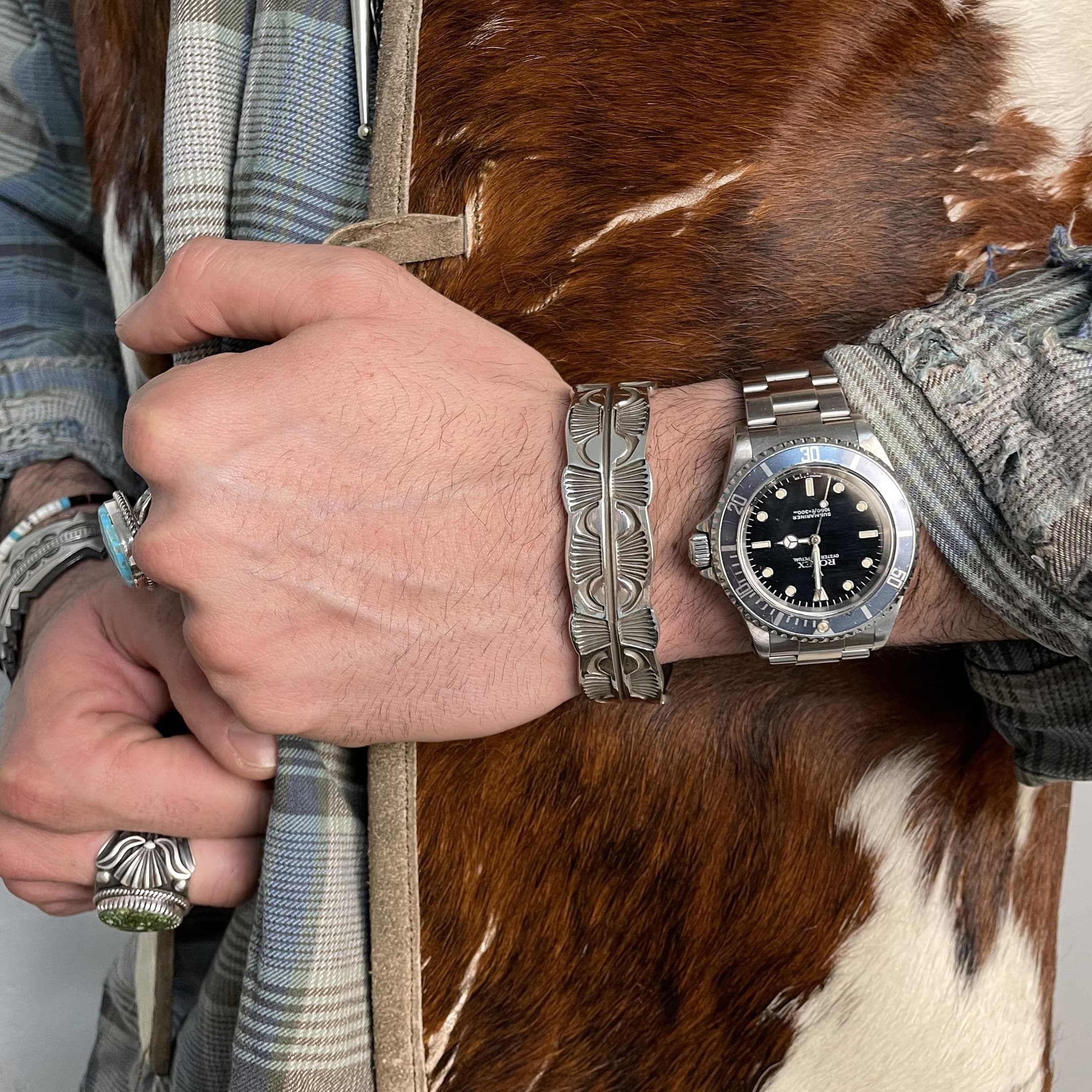 Navajo bracelet in silver for men, fully hand-stamped, BR655 - Harpo Paris