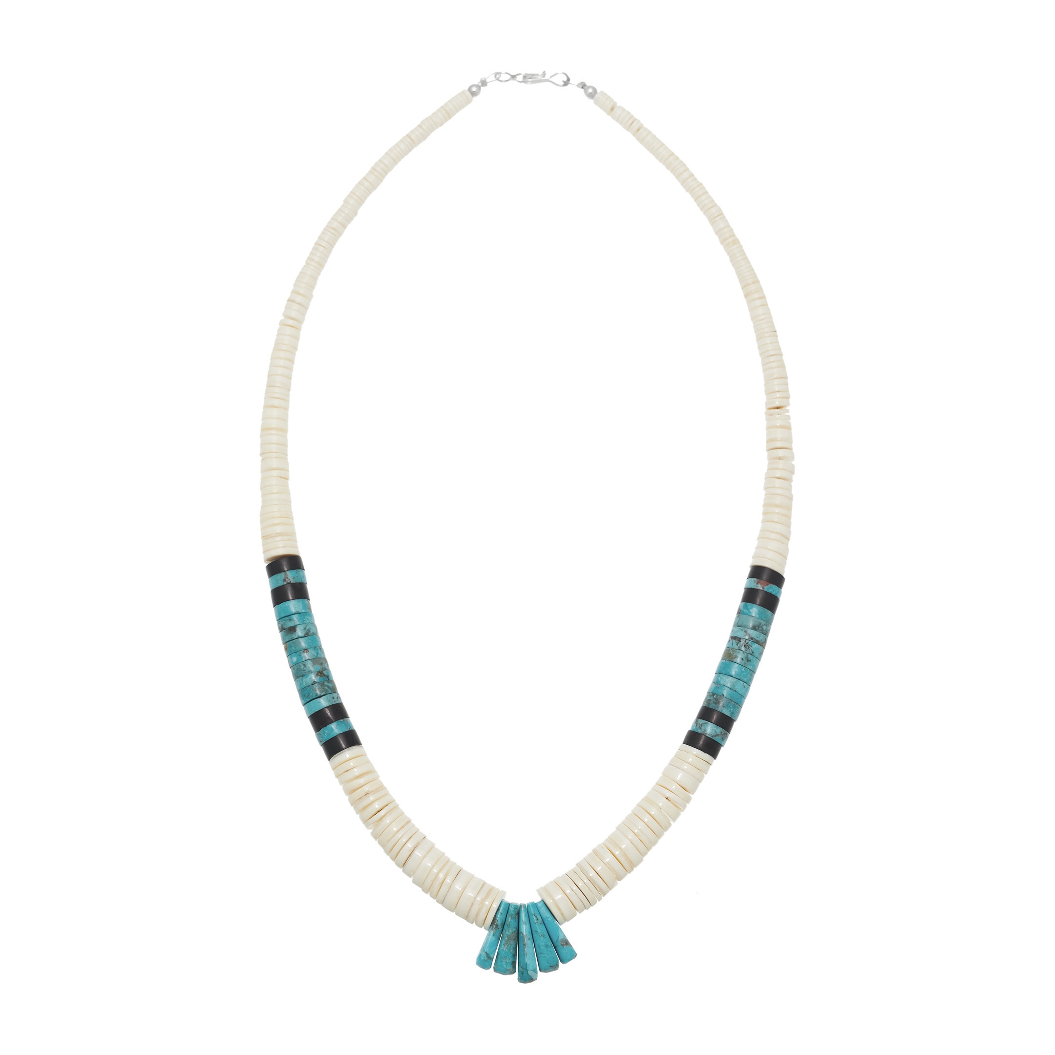 Pueblo Necklace, Turquoise and Shell heishy, silver clasp. I Harpo
