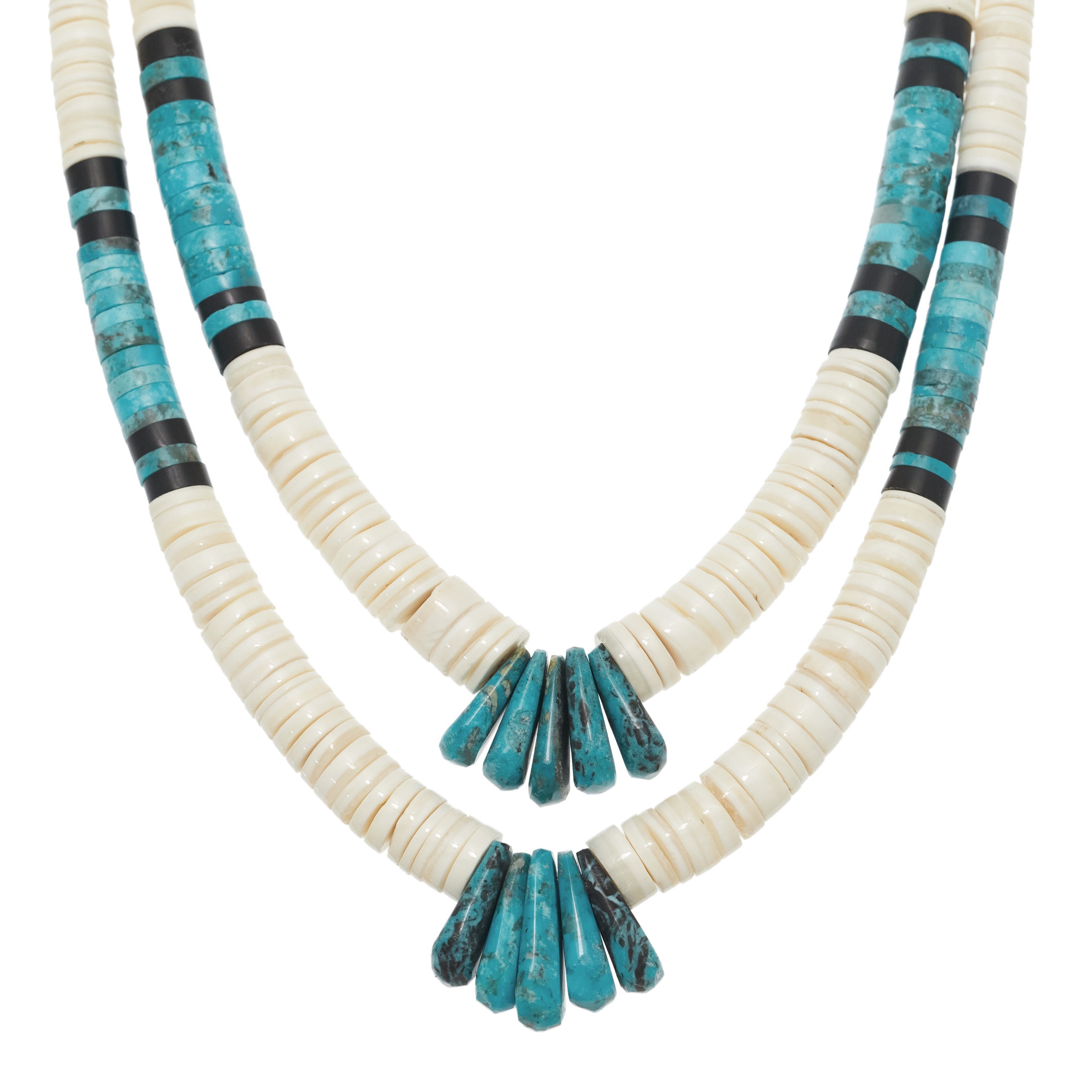 Pueblo Necklace two rows, Turquoise and Sgell heishy, silver clasp