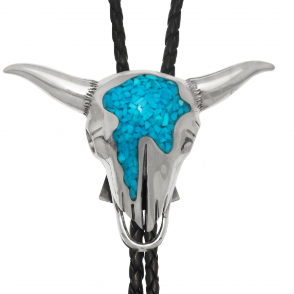 Bolo tie BTw19 cow skull in turquoise chip inlay and silver