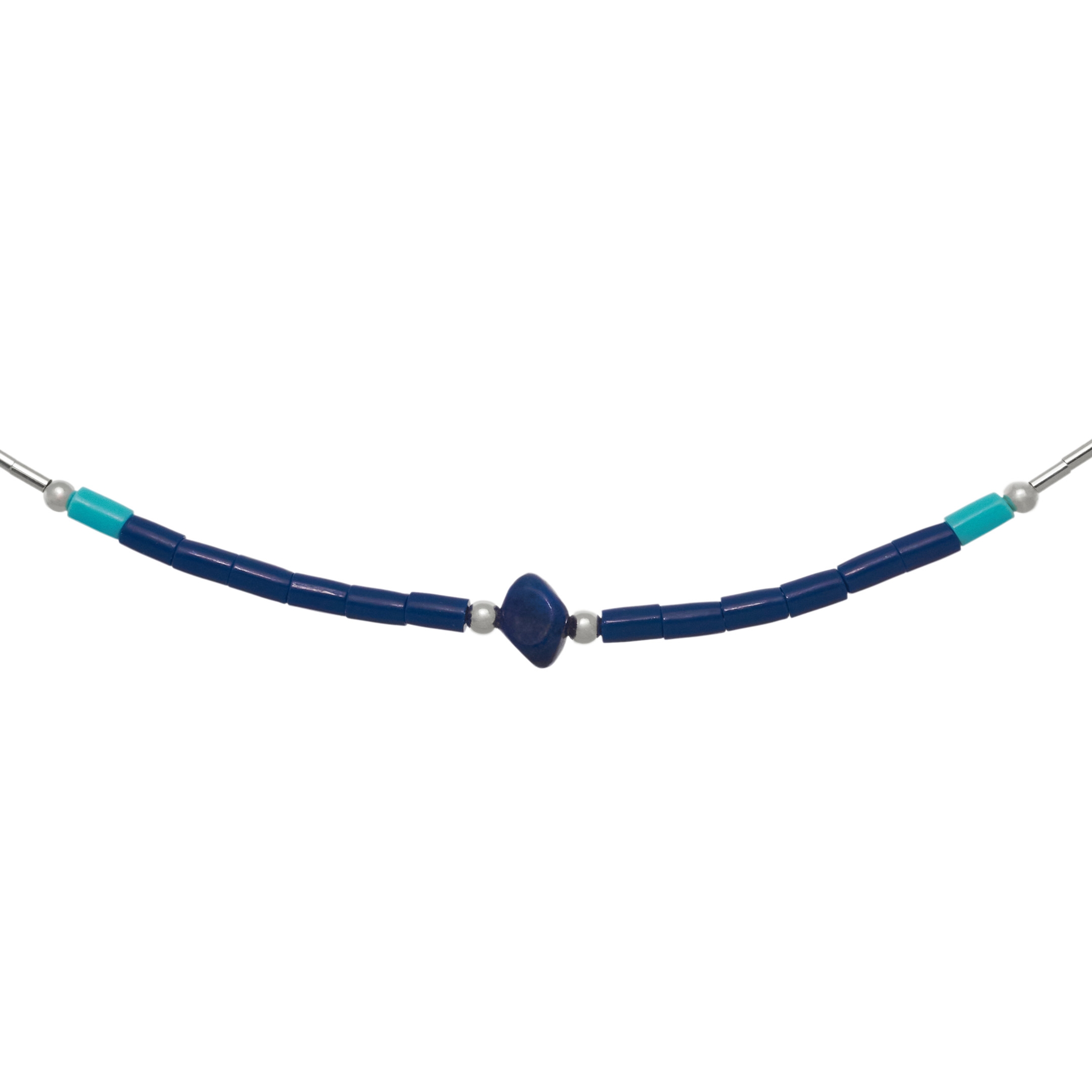 Collier amérindien Liquid Silver, perles Heishi en argent et pierres mix. Harpo Paris