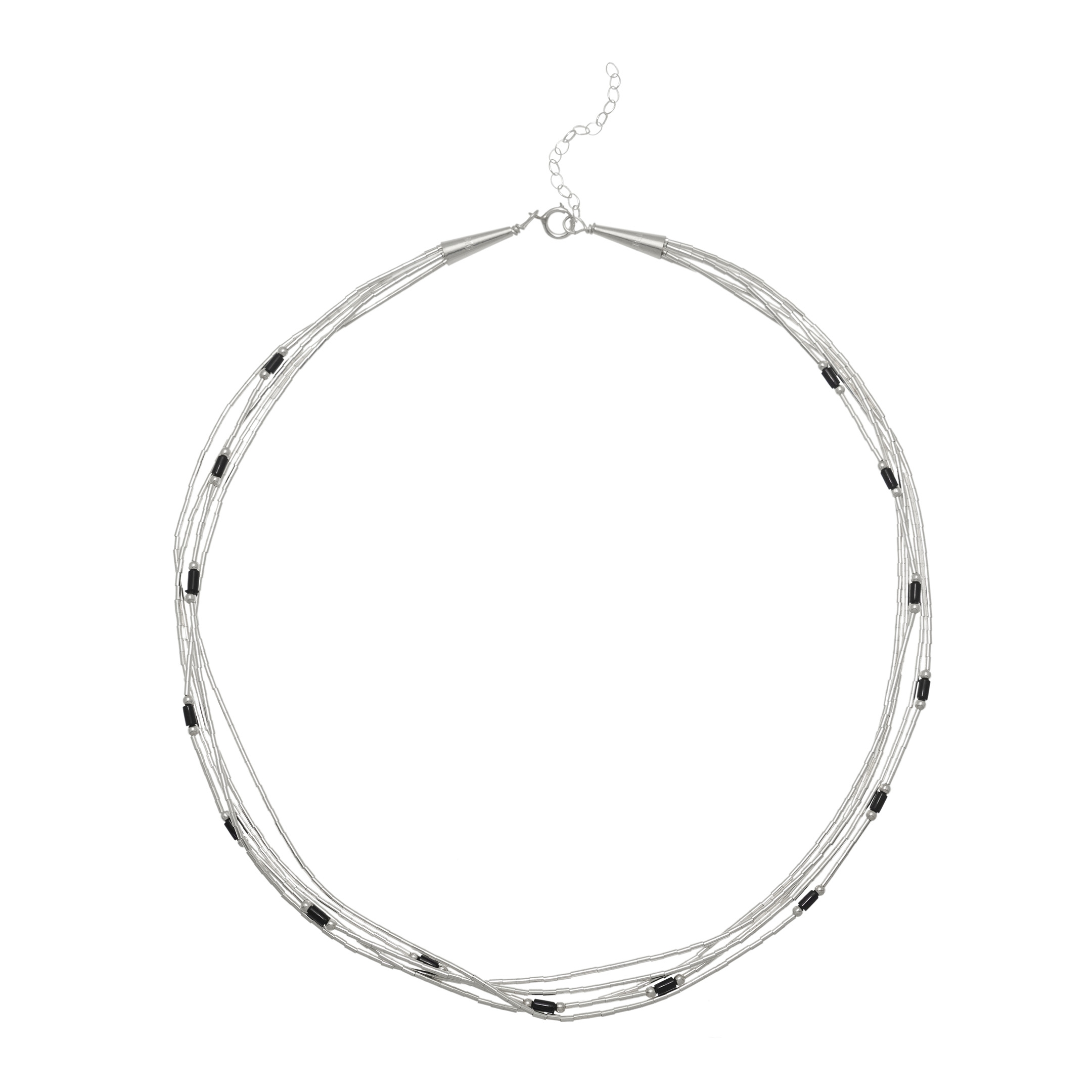 Native American Liquid Silver necklace, stone mix and silver Heishi beads, 5 strands. Harpo Paris