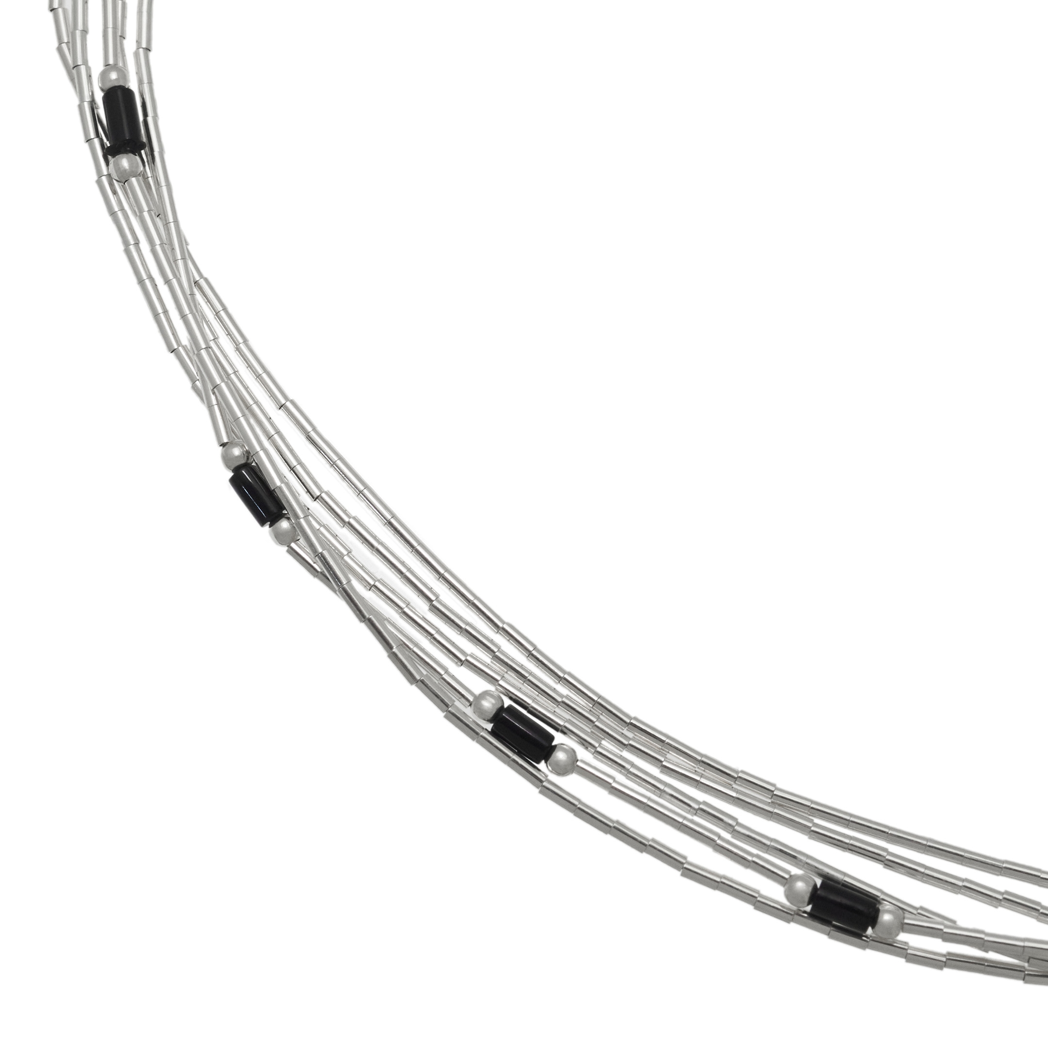 Native American Liquid Silver necklace, stone mix and silver Heishi beads, 5 strands. Harpo Paris