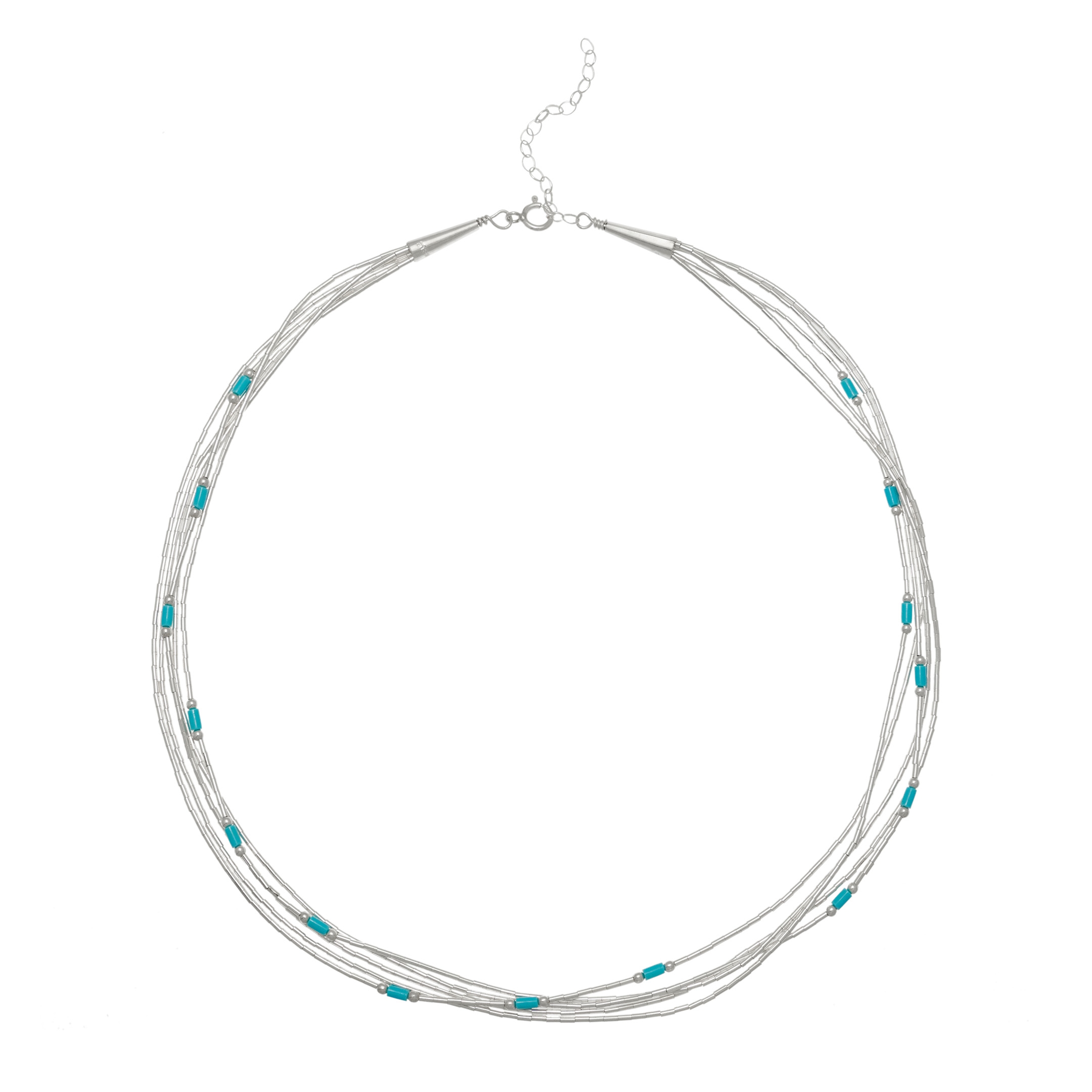 Native American Liquid Silver necklace, stone mix and silver Heishi beads, 5 strands. Harpo Paris