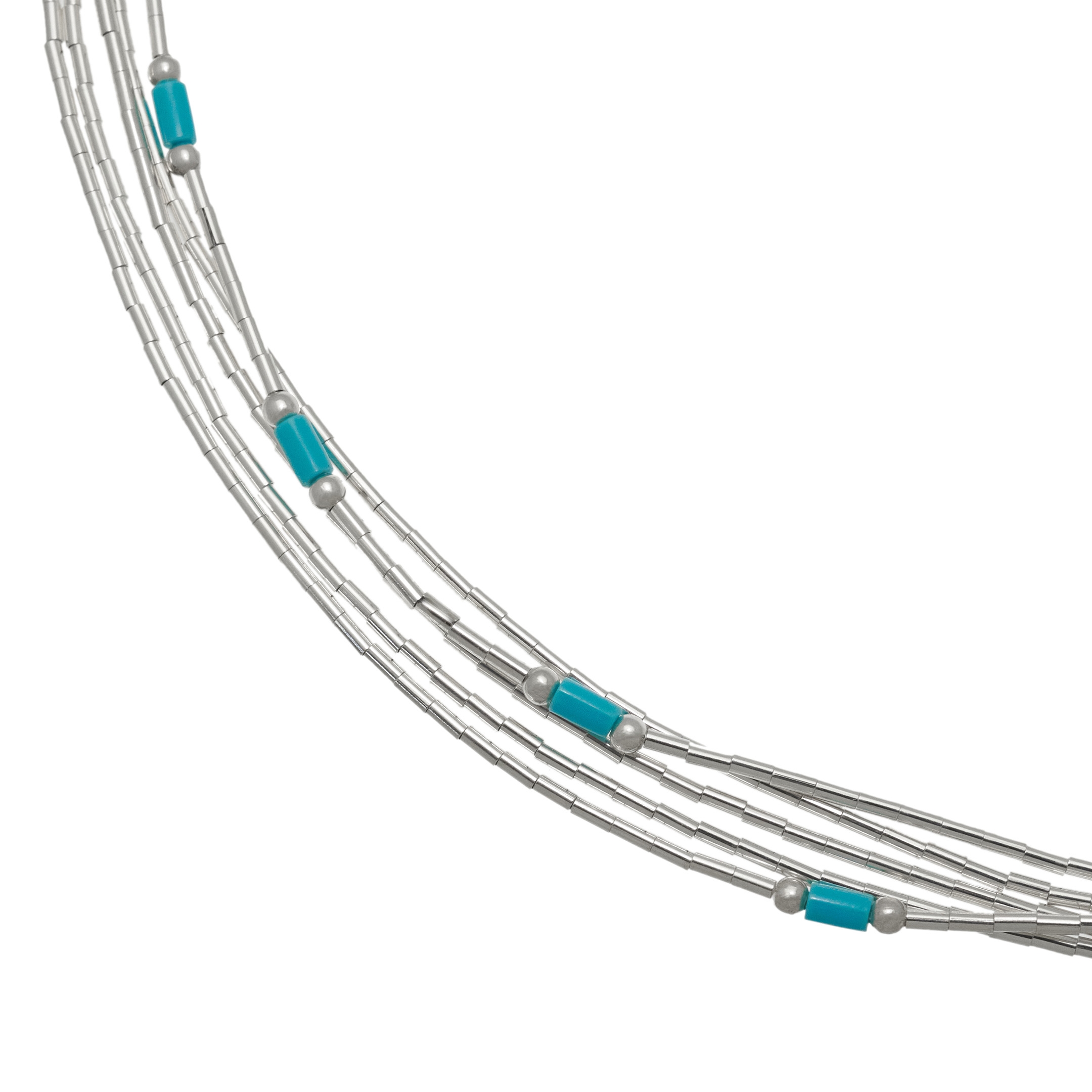 Native American Liquid Silver necklace, stone mix and silver Heishi beads, 5 strands. Harpo Paris