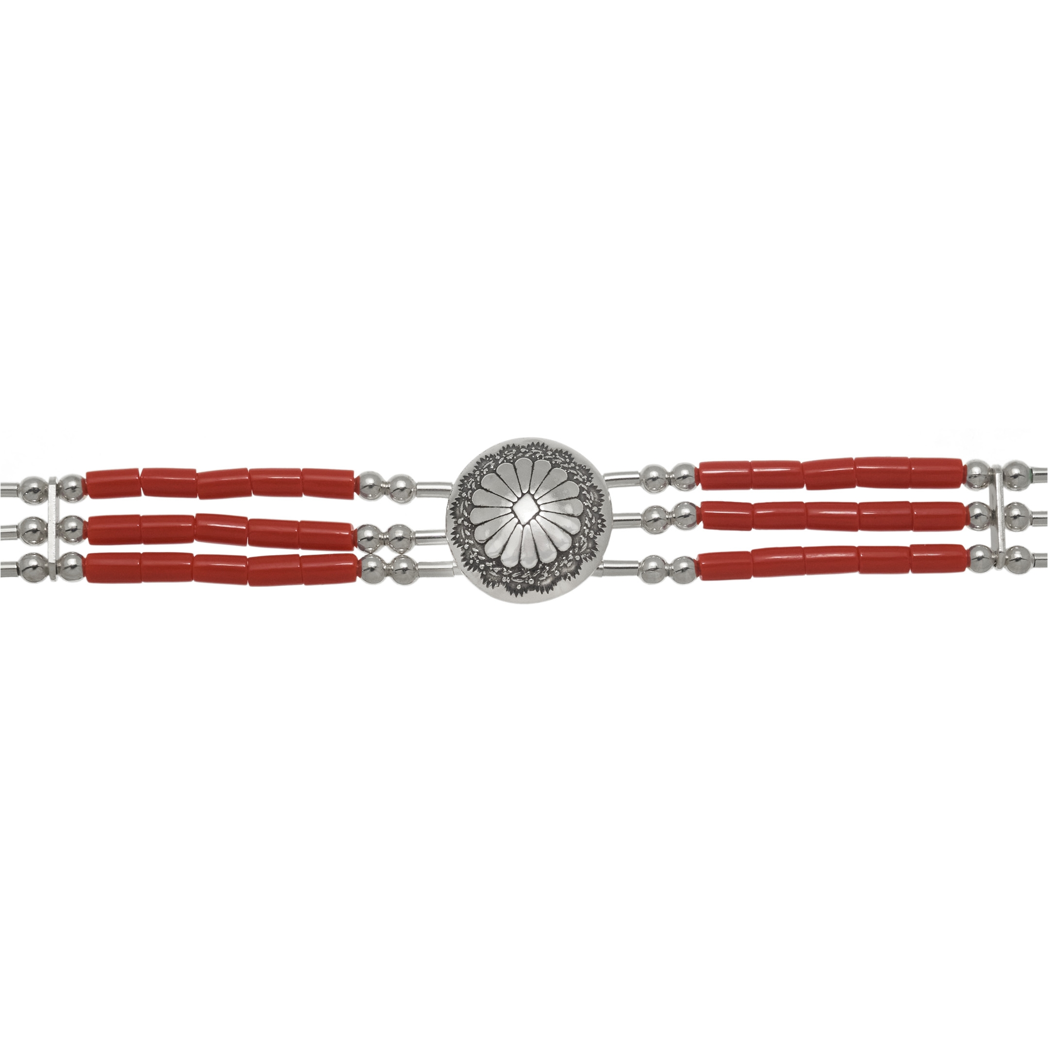 Chocker concho Native American necklace made of 3 strands of Heishi beads. Harpo Paris