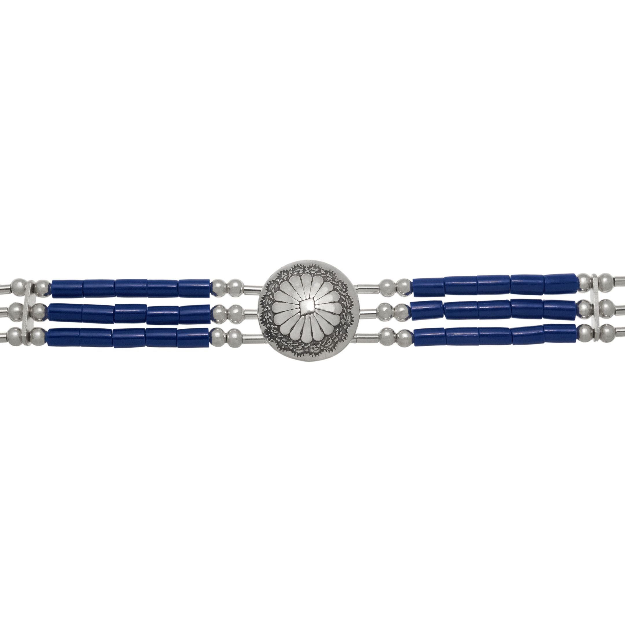 Chocker concho Native American necklace made of 3 strands of Heishi beads. Harpo Paris