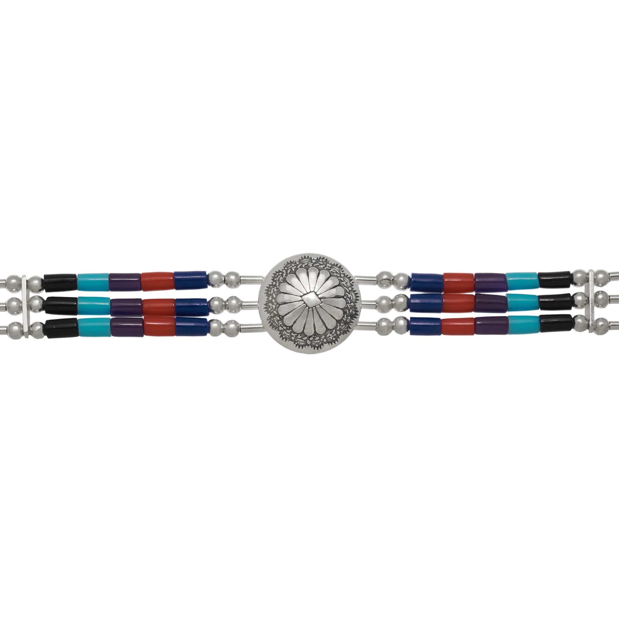 Chocker concho Native American necklace made of 3 strands of Heishi beads. Harpo Paris