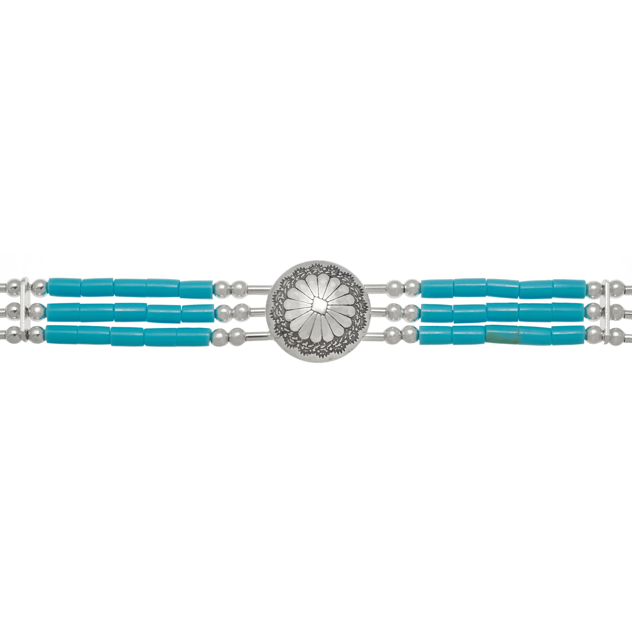 Chocker concho Native American necklace made of 3 strands of Heishi beads. Harpo Paris