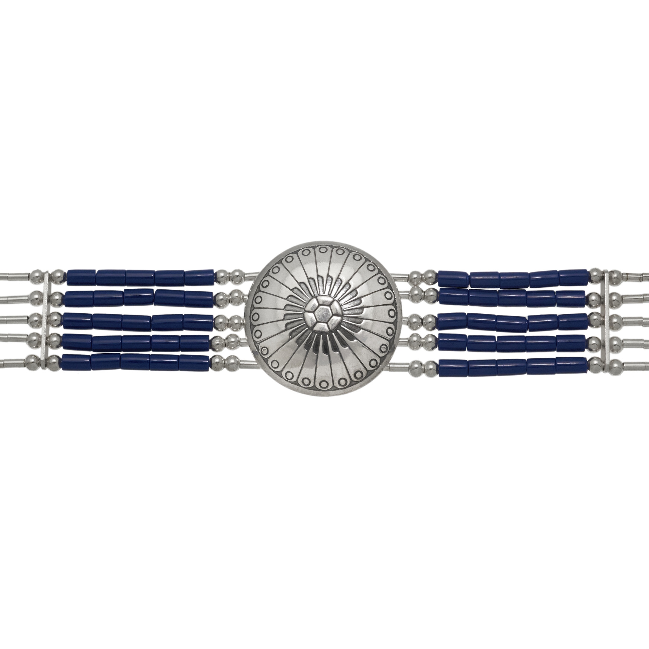 Concho Chocker Native American necklace made of 5 strands of Heishi beads. Harpo Paris
