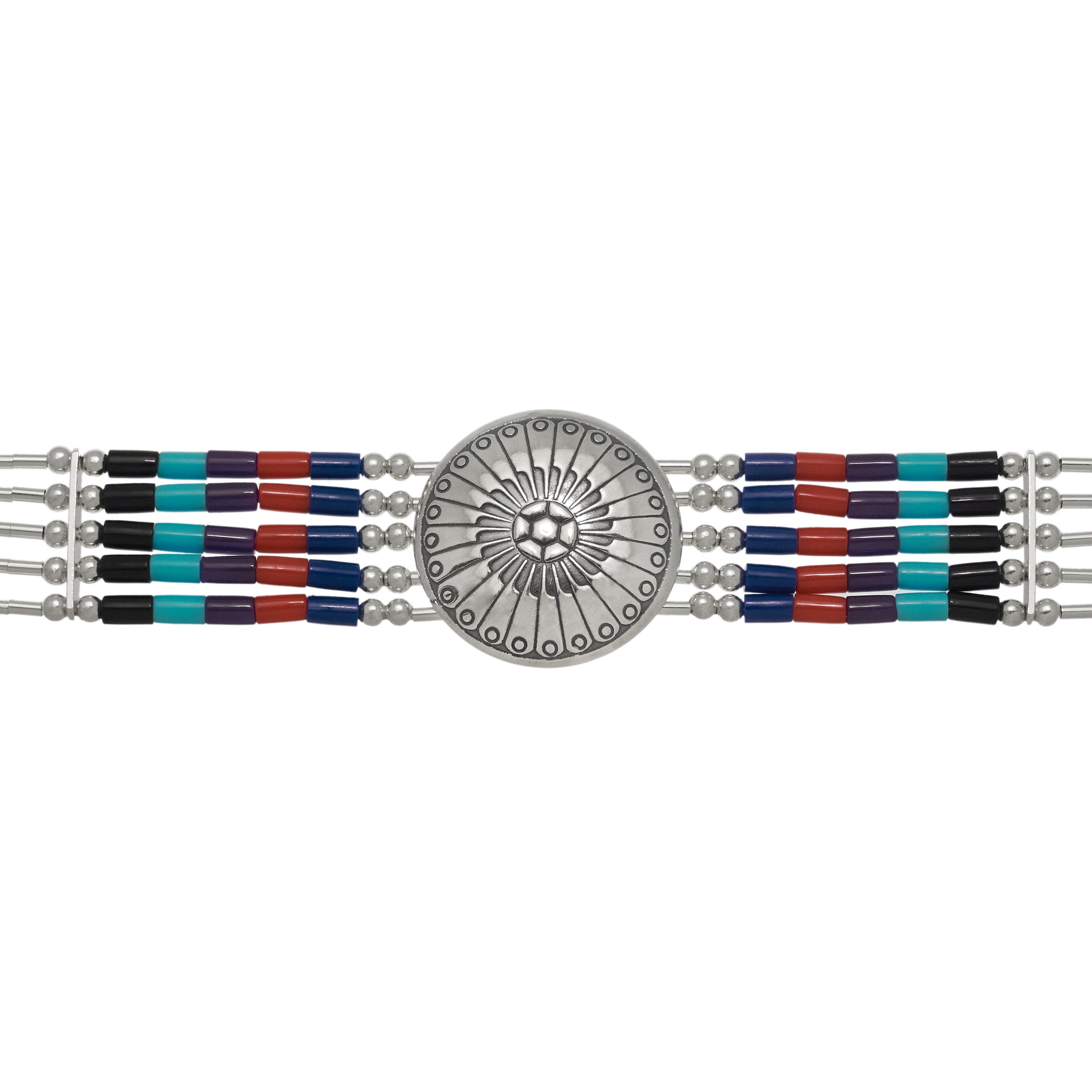 Concho Chocker Native American necklace made of 5 strands of Heishi beads. Harpo Paris