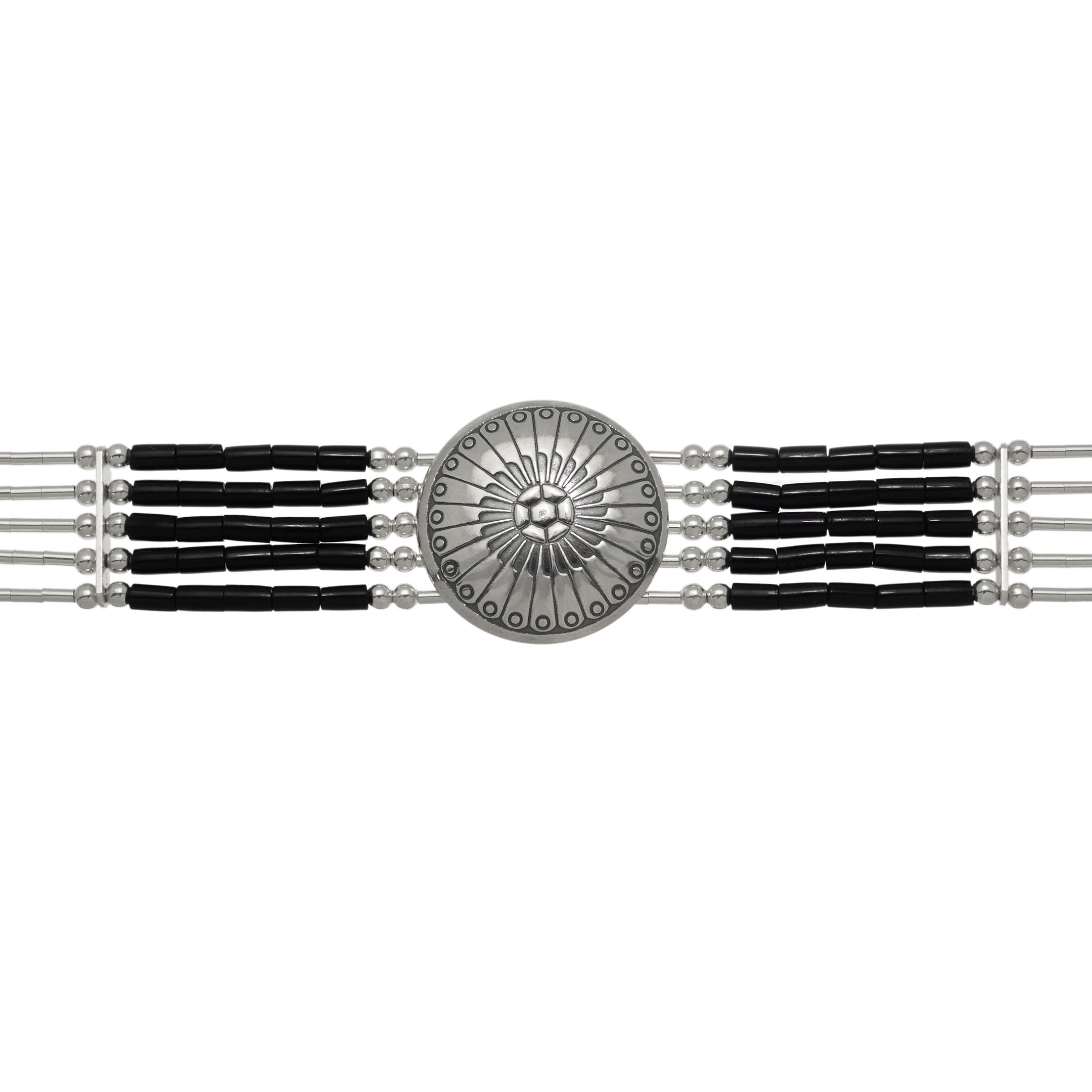 Concho Chocker Native American necklace made of 5 strands of Heishi beads. Harpo Paris