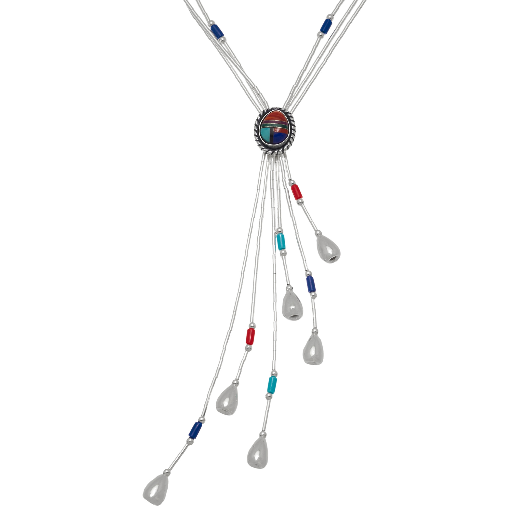 Y shaped Liquid Silver Native American necklace made of Heishi beads. Harpo Paris