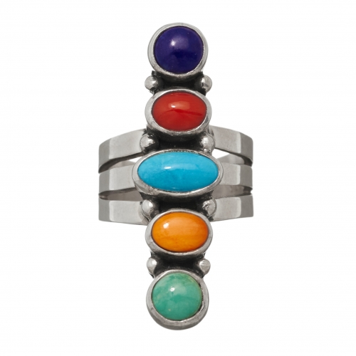 Navajo ring BA1100 in turquoise, coral, lapis and silver - Harpo Paris