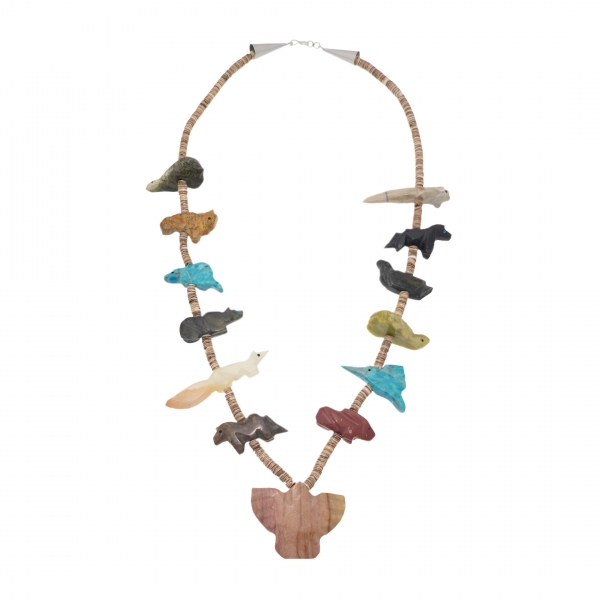 Fetishes necklace, stone carved animals (turquoises, pipestone