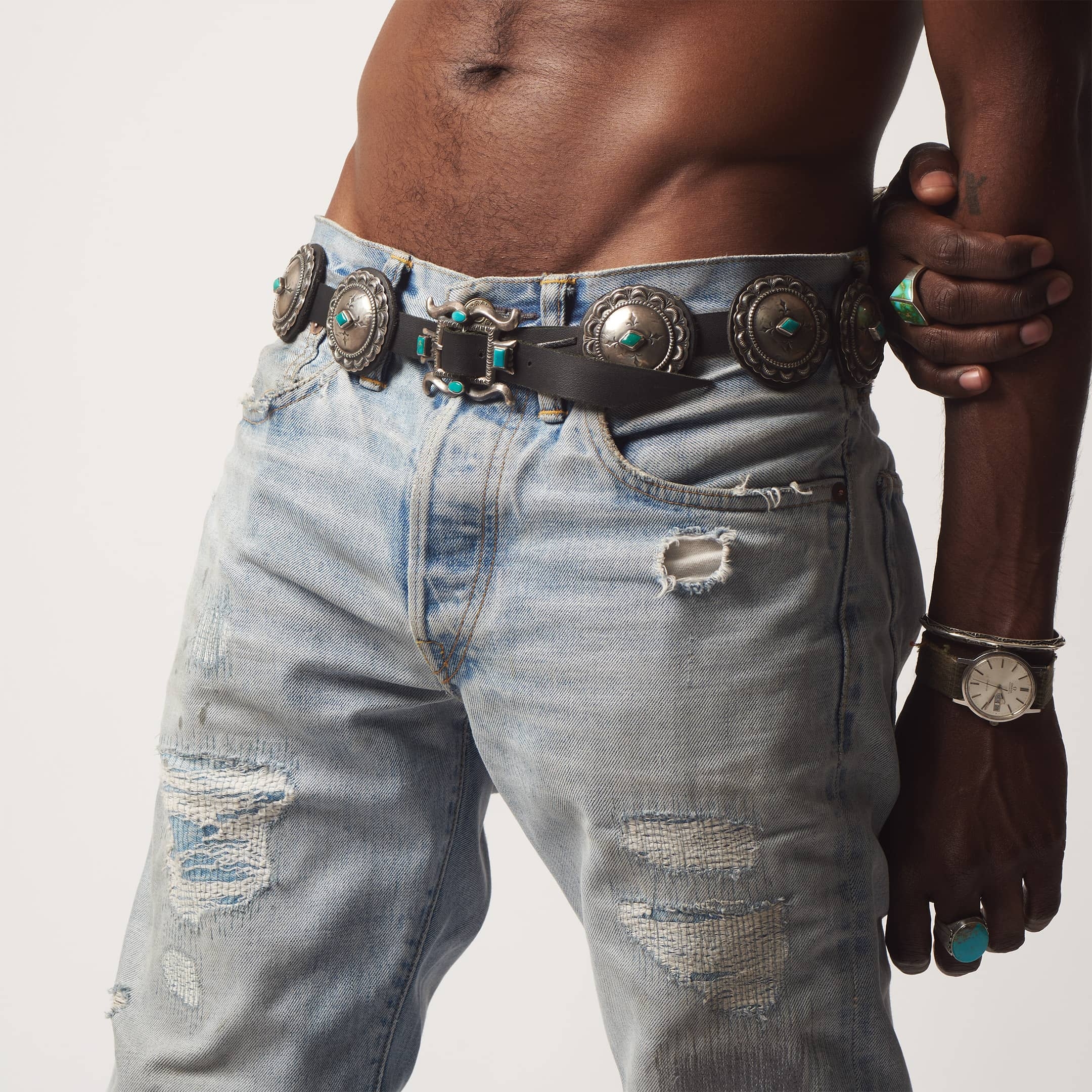 CC18 ceinture concho en argent et cuir marron - Harpo Paris