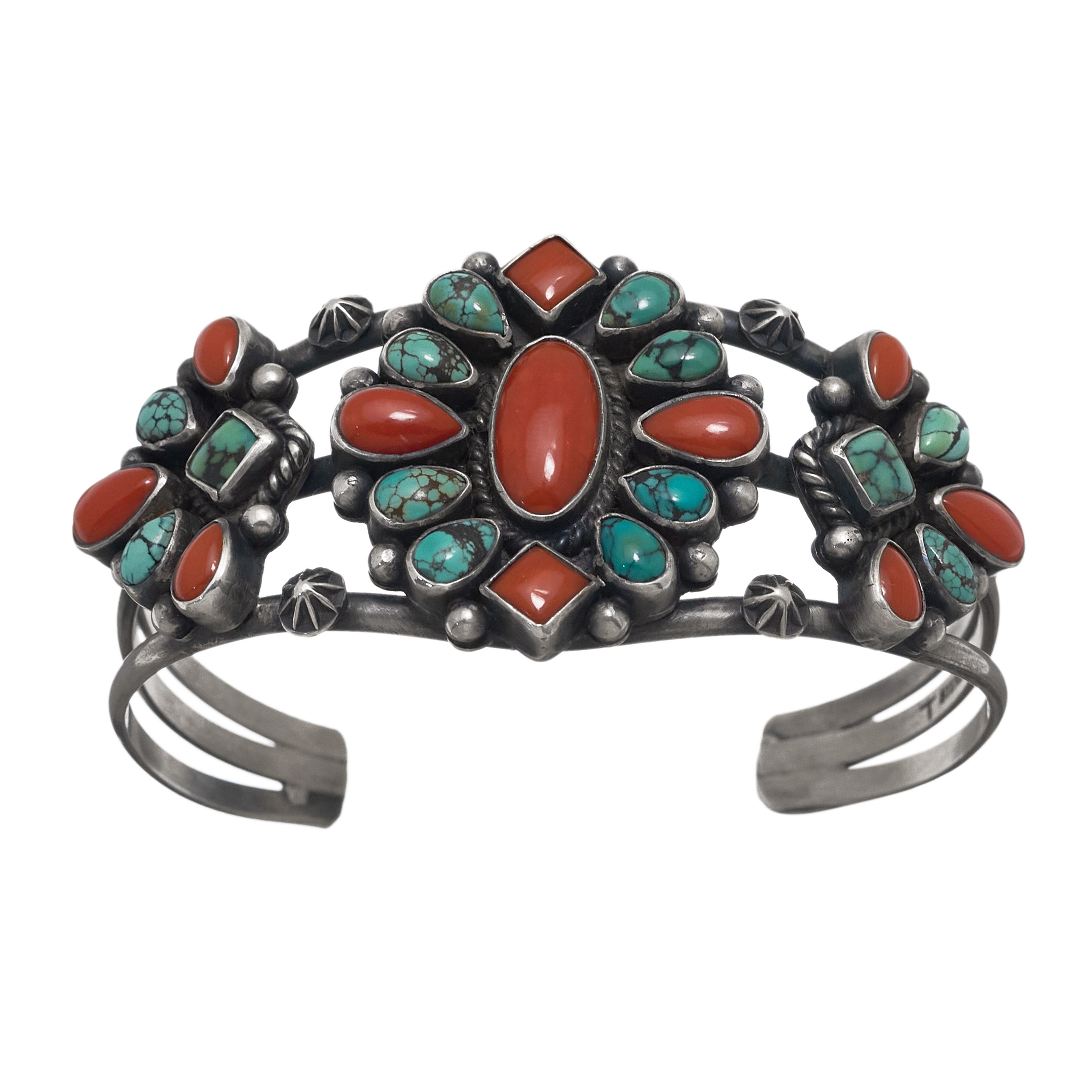 Bracelet Navajo en argent mat sertie de turquoise et corail, BR708 - Harpo Paris