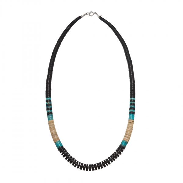 Pueblo necklace CO195 in jet, shell and turquoise - Harpo Paris