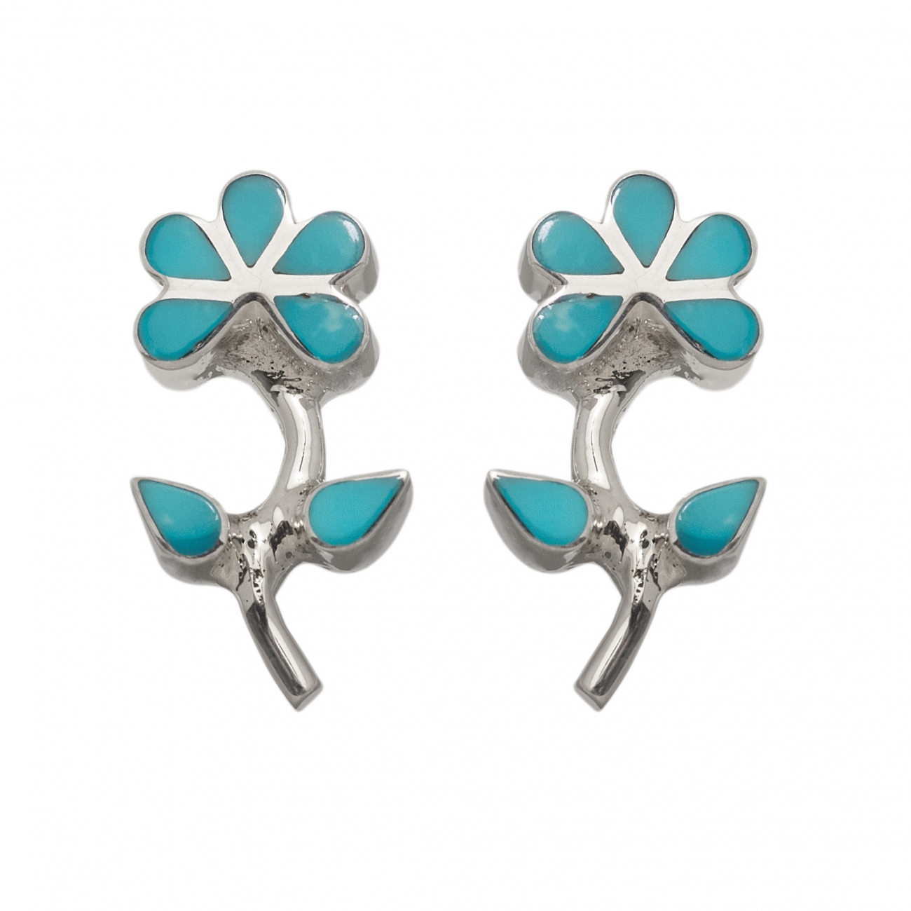 Stud earrings BO337, flowers in turquoise and silver - Harpo Paris