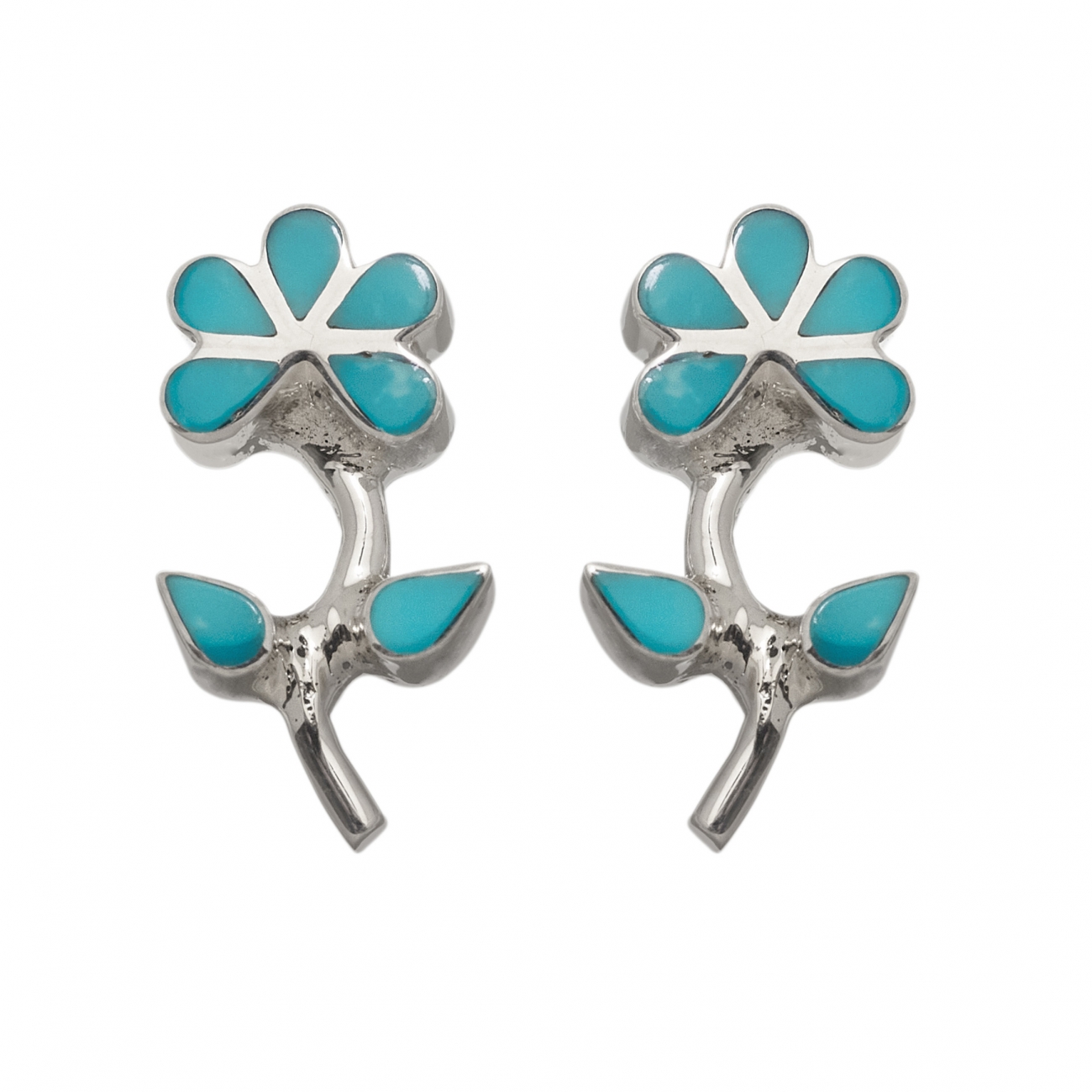 Puces d'oreilles BO335 fleur turquoise et argent - Harpo Paris