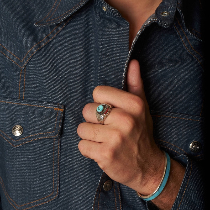 Navajo ring for men in turquoise and coral BA1180 - Harpo Paris