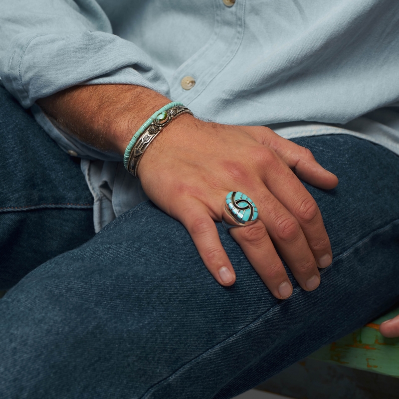 Zuni ring BA1199 inlaid of turquoise and silver - Harpo Paris