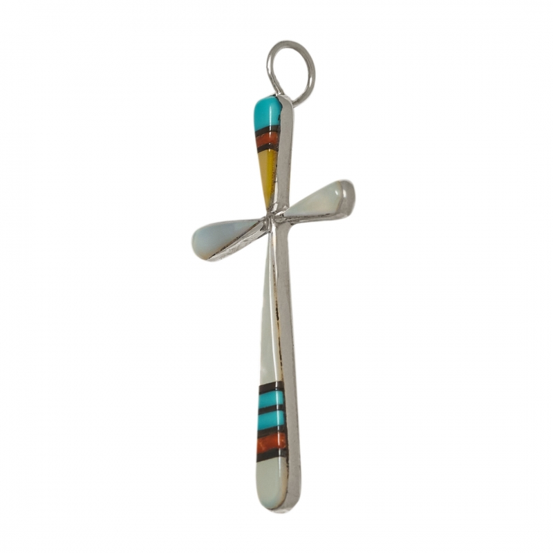 Pendentif croix Zuni PE435 en marqueterie et argent - Harpo Paris