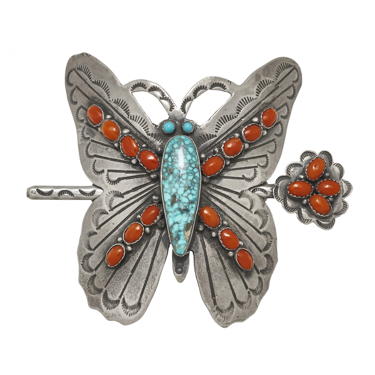 BAR09 butterfly hair clip turquoise, coral and silver - Harpo Paris