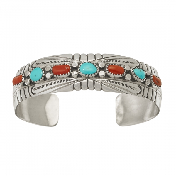 Navajo bracelet in turquoise, coral and silver BR788 - Harpo Paris