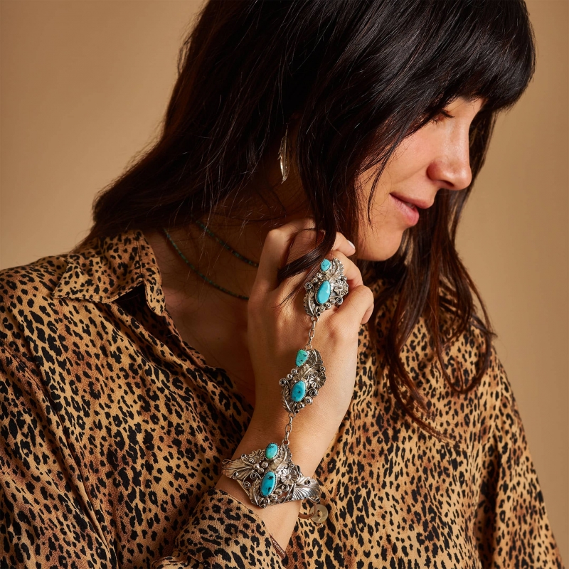 Navajo bracelet-ring in silver and turquoises BR779 - Harpo Paris