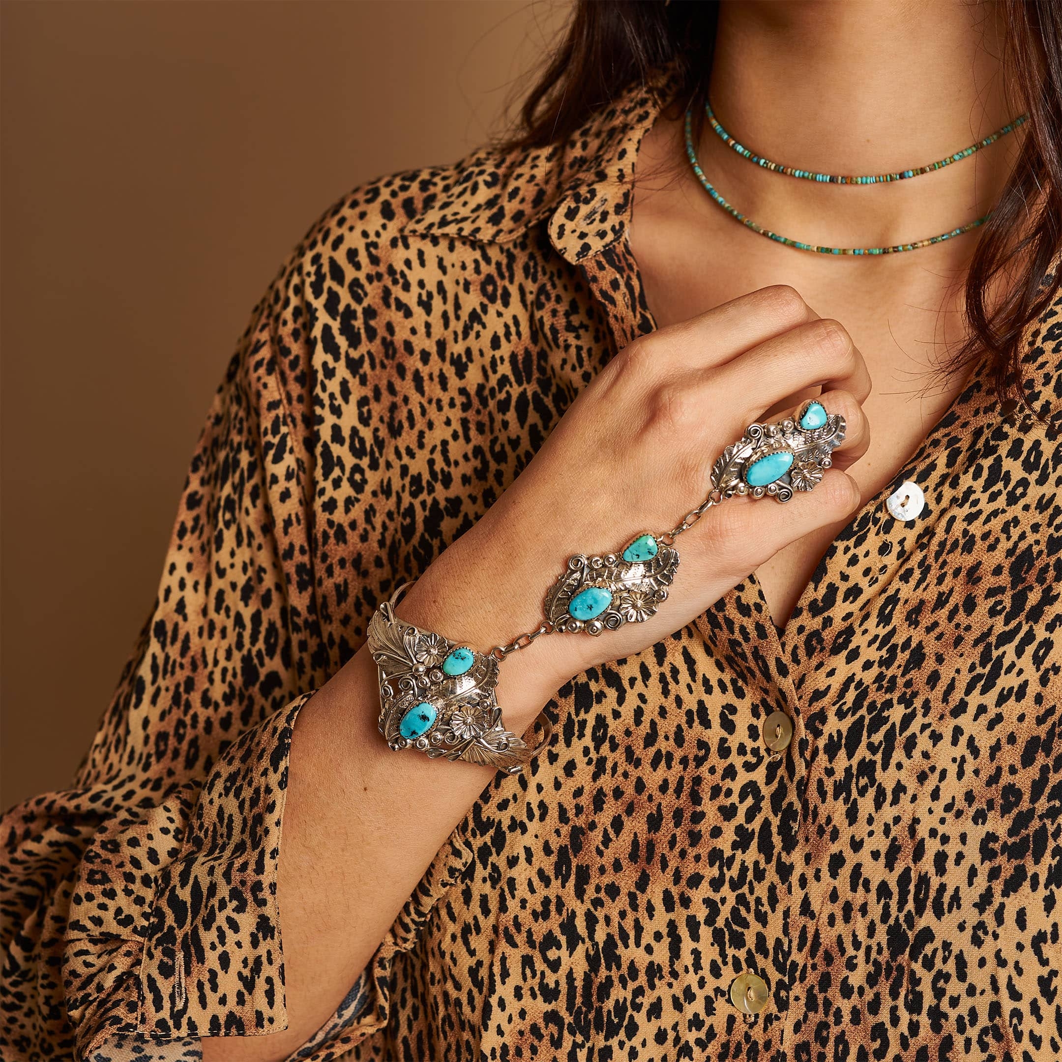 Bracelet-bague articulé BR779 en turquoise et argent - Harpo Paris