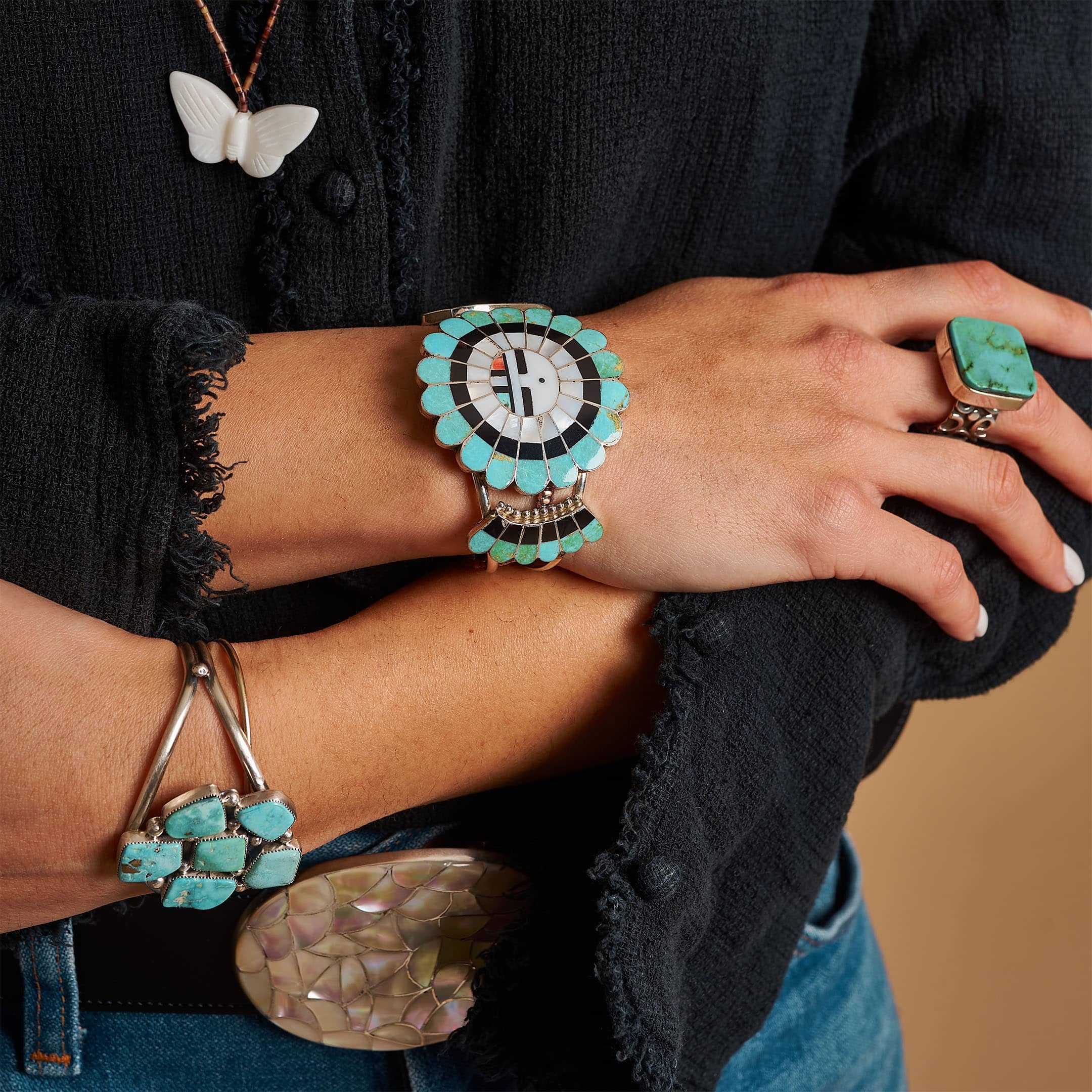 Bracelet Zuni BR787, Sunface en marqueterie en argent - Harpo Paris