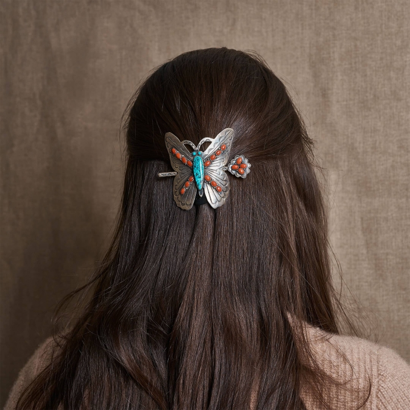 BAR09 butterfly hair clip turquoise, coral and silver - Harpo Paris
