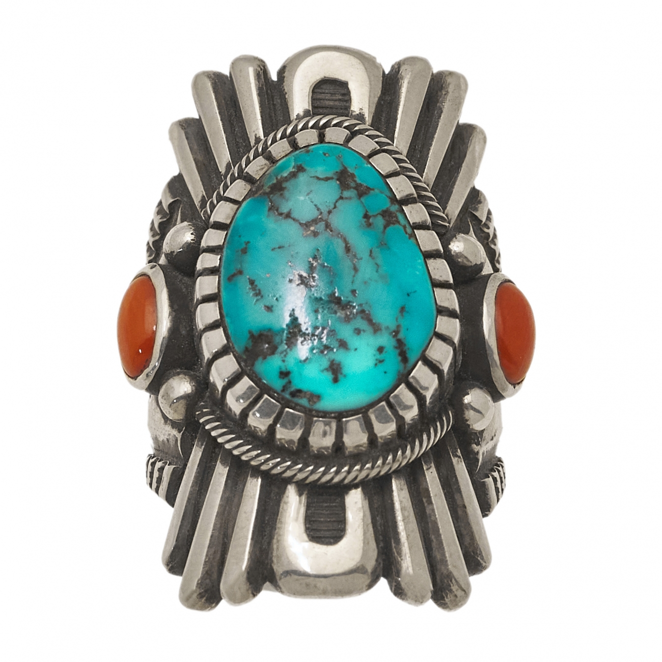 Turquoise, coral and silver ring BA1336 - Harpo Paris