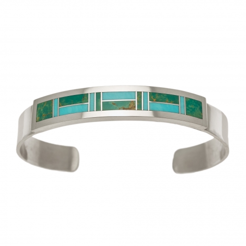 Bracelet Navajo BR804 en marqueterie de turquoises et argent massif - Harpo Paris