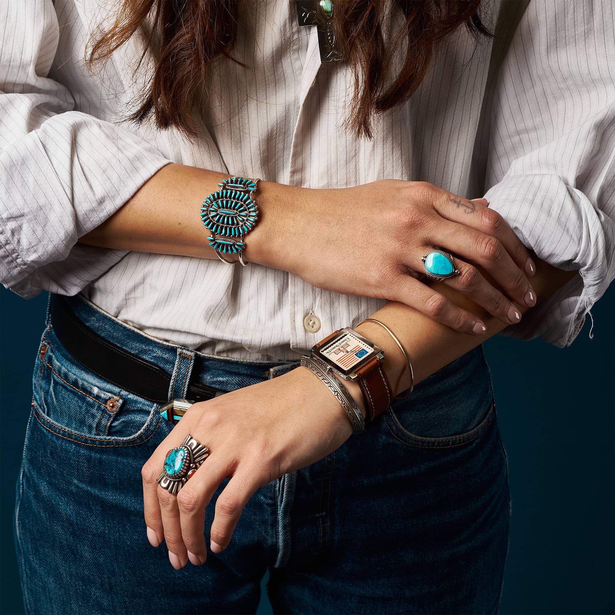 BR811 bracelet Zuni cactus flower turquoise argent - Harpo Paris