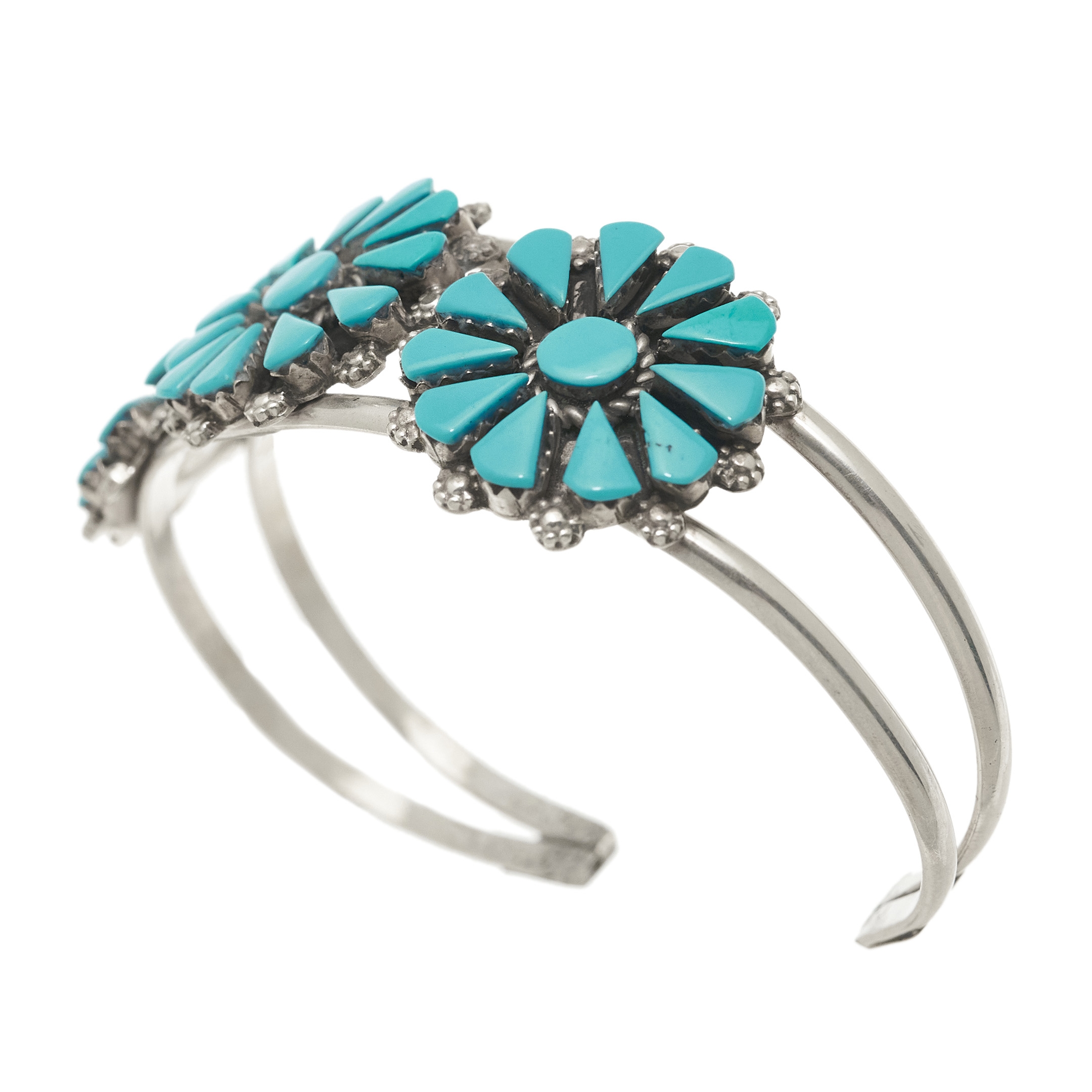 Bracelet Zuni BR826 cactus flower turquoises et argent massif - Harpo Paris