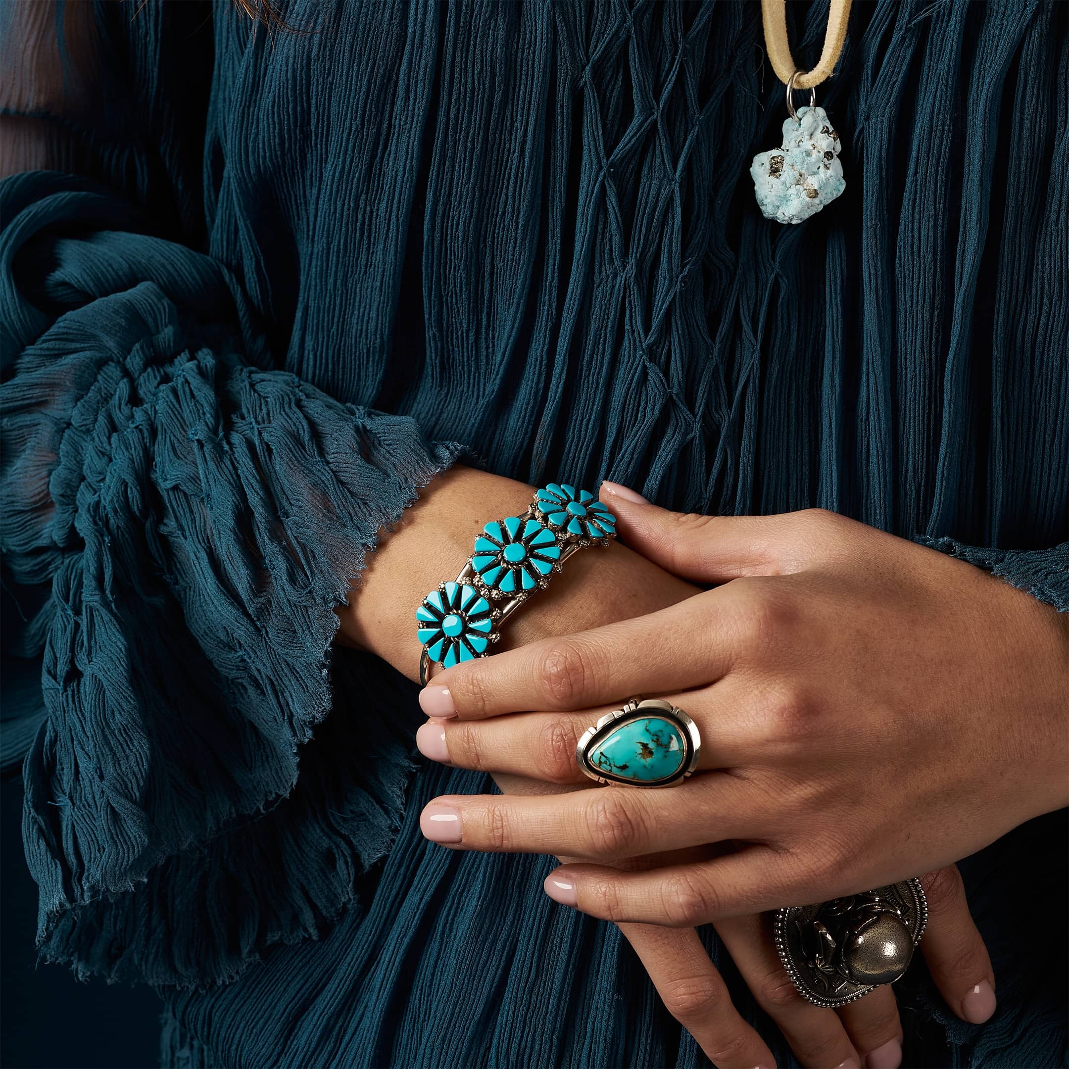 Bracelet Zuni BR826 cactus flower turquoises et argent massif - Harpo Paris