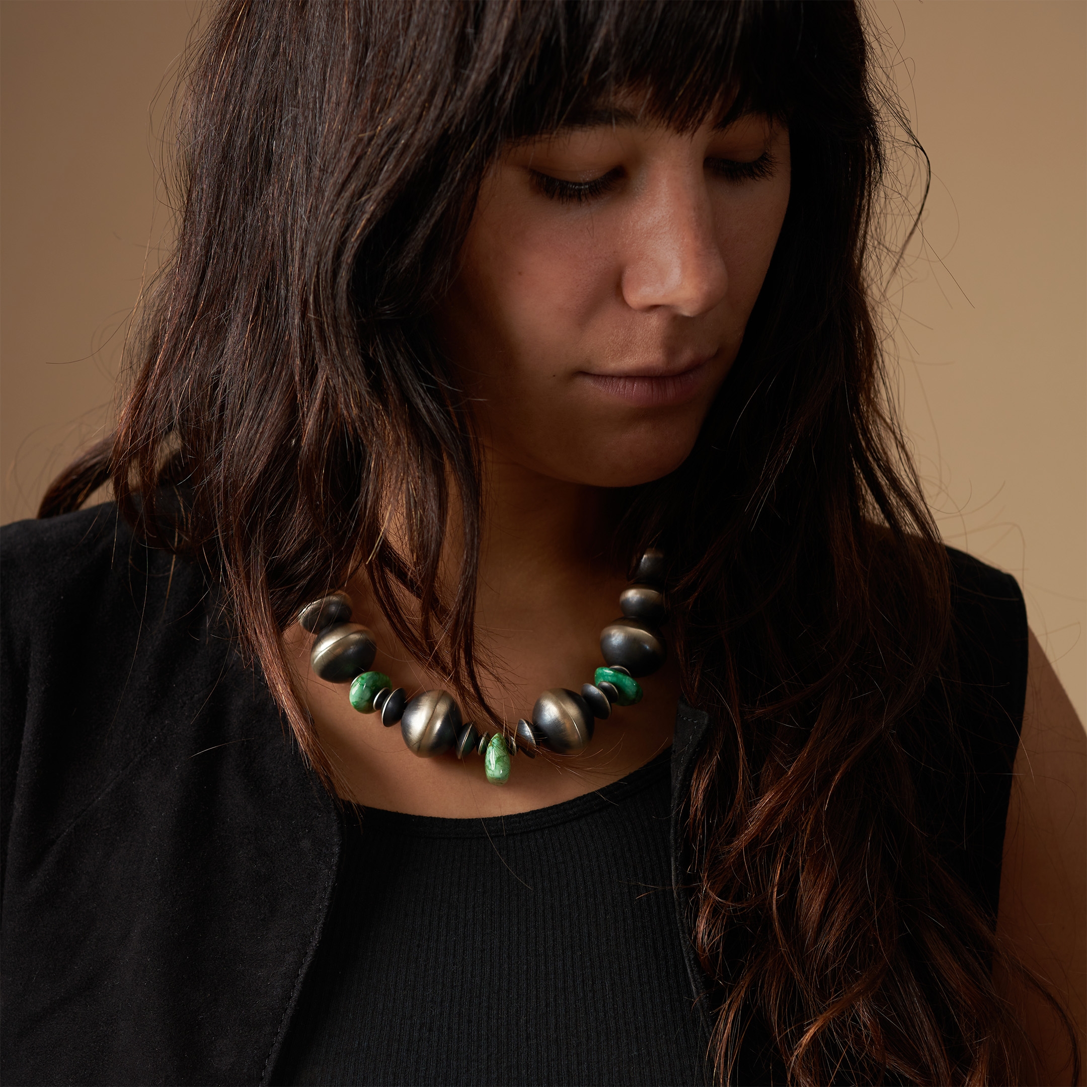 Navajo necklace in silver beads and turquoise nuggets, CO187 - Harpo Paris