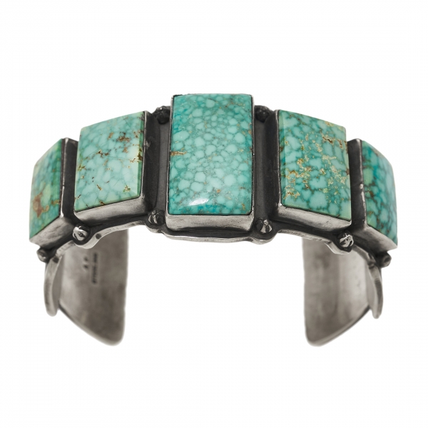Bracelet Navajo BR829, turquoises rectangulaires et argent massif - Harpo Paris