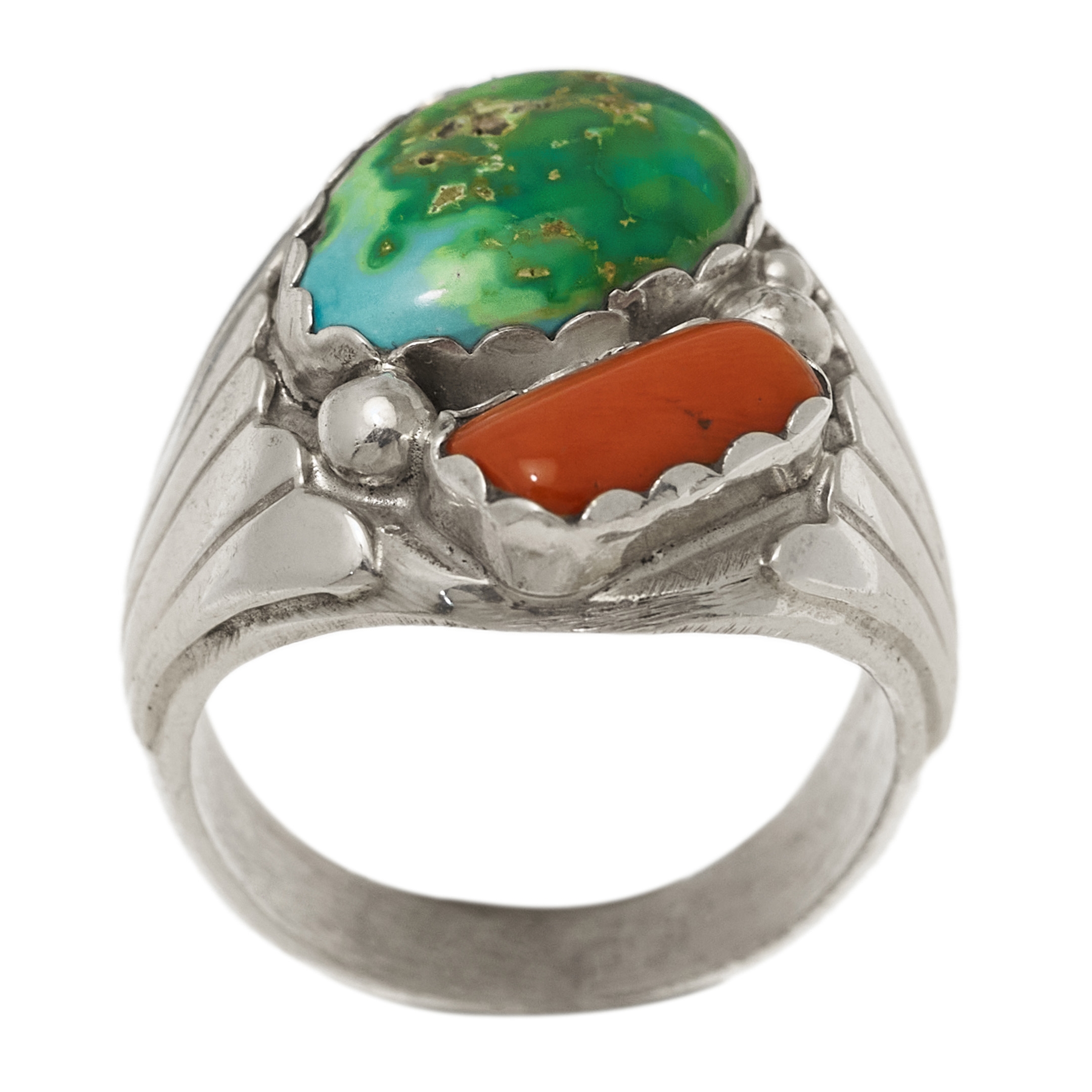 Turquoise and coral Navajo ring BA1434 - Harpo Paris